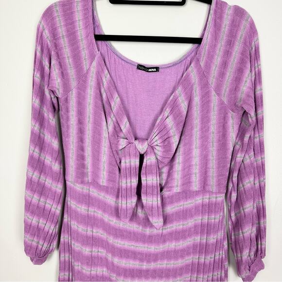 Fashion Nova Bow Ribbed Long Sleeve Midi Bodycon Dress Lavender Purple Size 1X - Picture 5 of 7